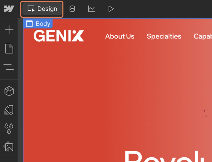 Webflow interface highlighting the 'Design' mode button. Ensure you are in Design mode before editing a Webflow template.