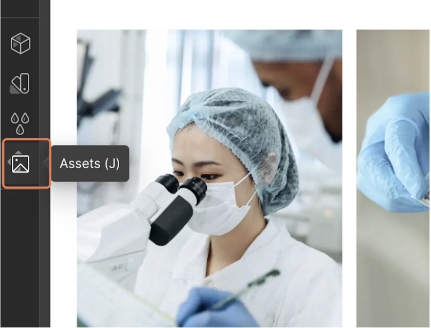 Webflow interface with the Assets (J) panel highlighted. Click on the Assets panel to manage and upload images in your Webflow template.