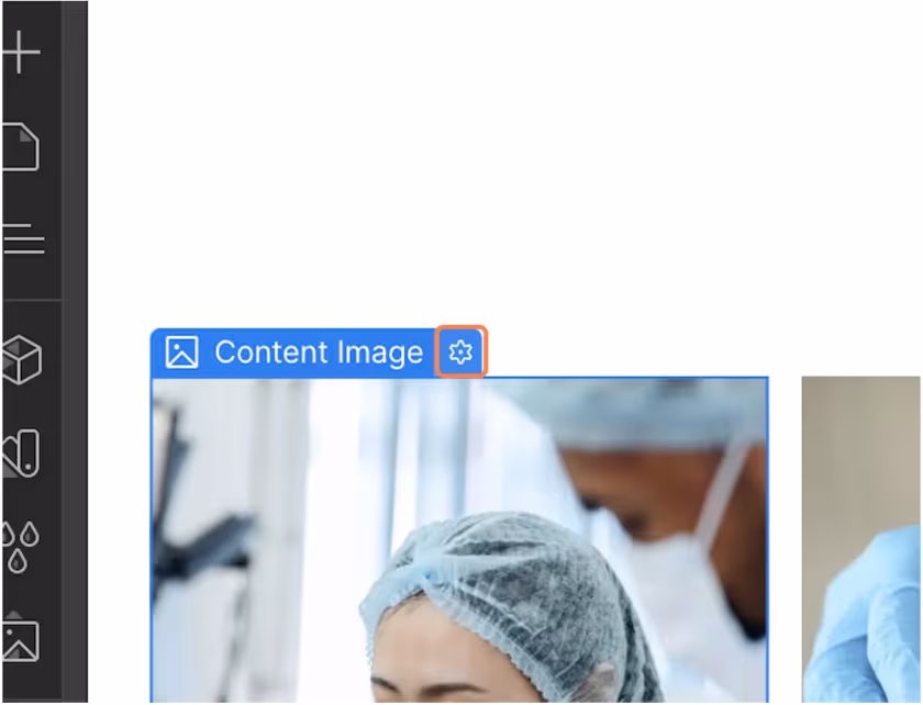 Webflow interface highlighting the gear icon for Element Settings. Click the gear icon to open settings for the selected image in your Webflow template.