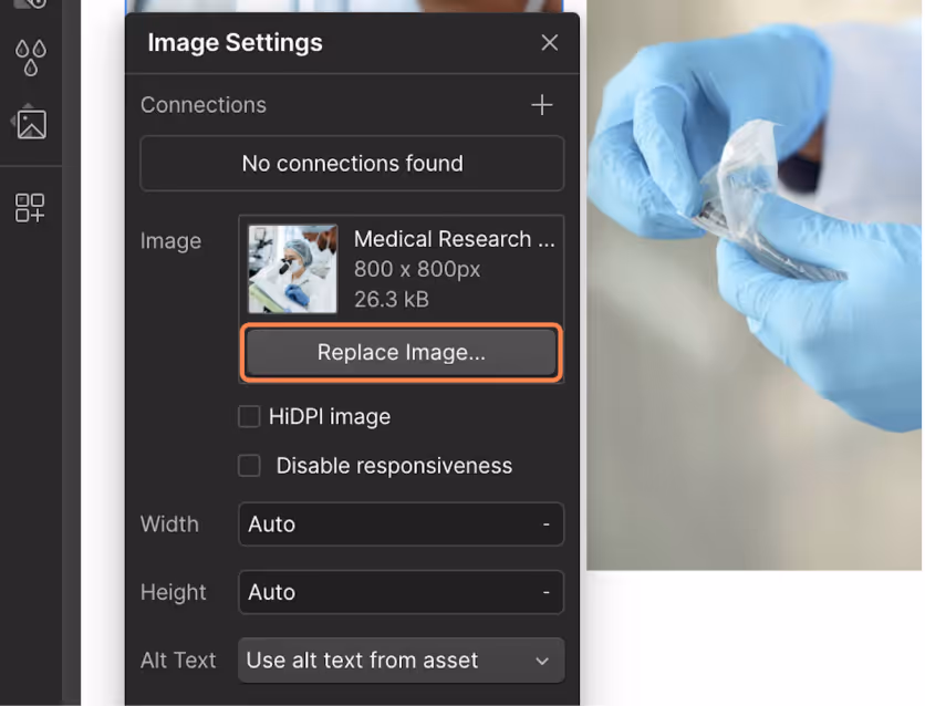 Webflow Image Settings panel with the 'Replace Image' button highlighted. Click 'Replace Image' to upload a new image in your Webflow template.