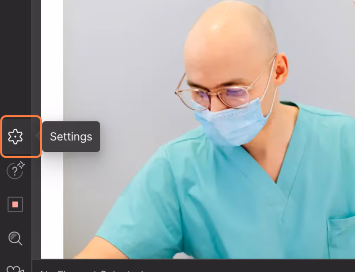Step 1 of accessing Webflow backups: Click the Settings icon from the left-hand sidebar to open your project’s settings panel.