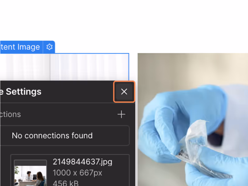 Webflow Image Settings panel with the close button highlighted. Click the close button to exit the Image Settings panel after replacing the image.