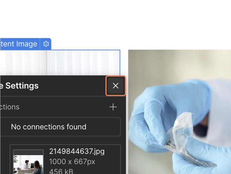 Webflow Image Settings panel with the close button highlighted. Click the close button to exit the Image Settings panel after replacing the image.
