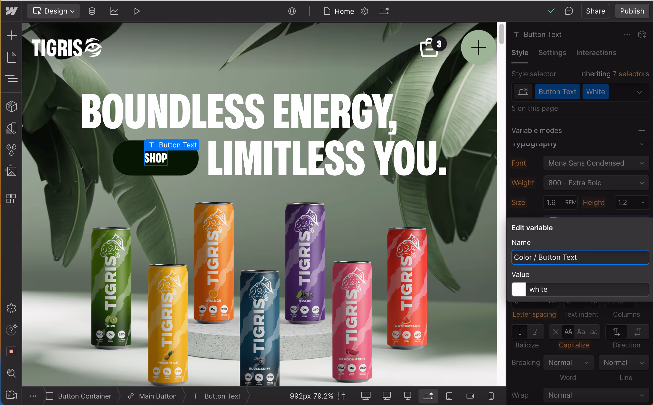 Screenshot of the Webflow Designer showing a button element styled with a color variable named “Color / Button Text” in the Tigris Drinks Webflow template by Silv Templates. This demonstrates how Variable Modes are used to manage global styles.