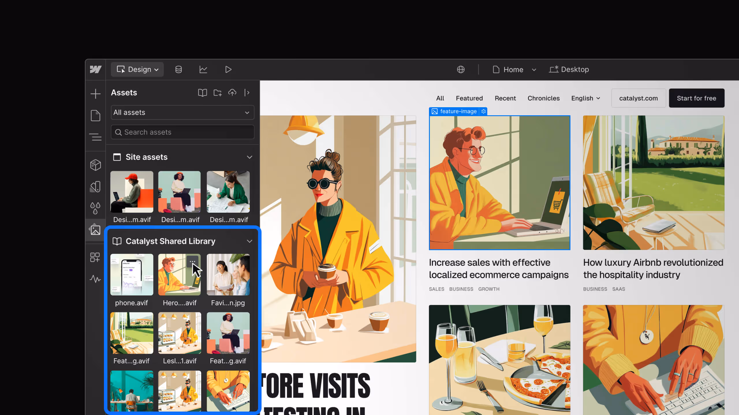 Screenshot of Webflow’s Assets Panel showing the Catalyst Shared Library with image assets, demonstrating new support for assets and variables in Shared Libraries.