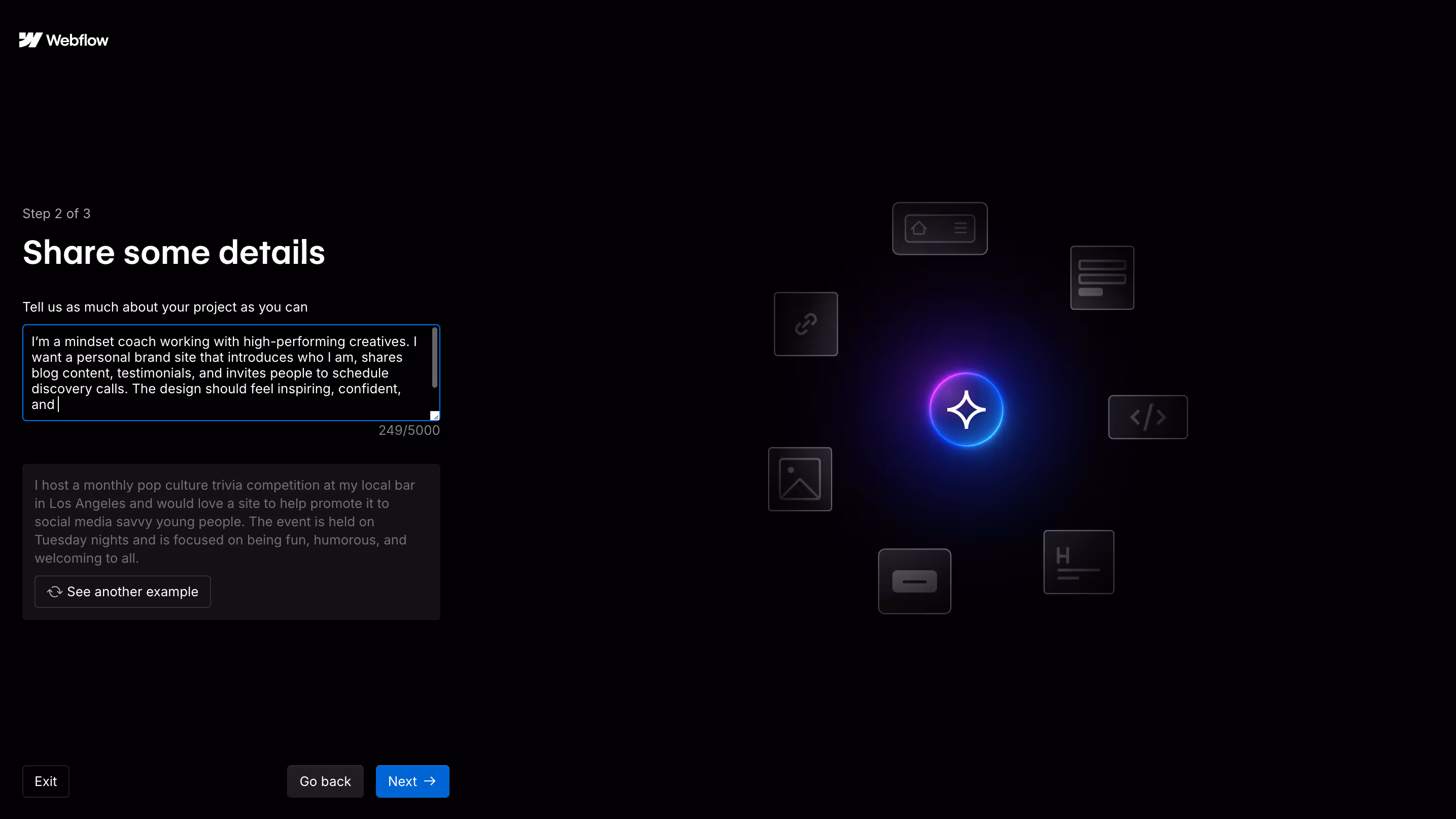 Screenshot of Step 2 in Webflow’s AI Site Builder where the user enters project details for a mindset coaching website, including design goals and features.