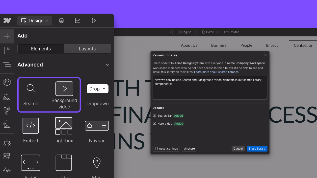 Webflow interface showing support for Background Video and Search elements in Shared Libraries for cross-project component reuse and scalability.