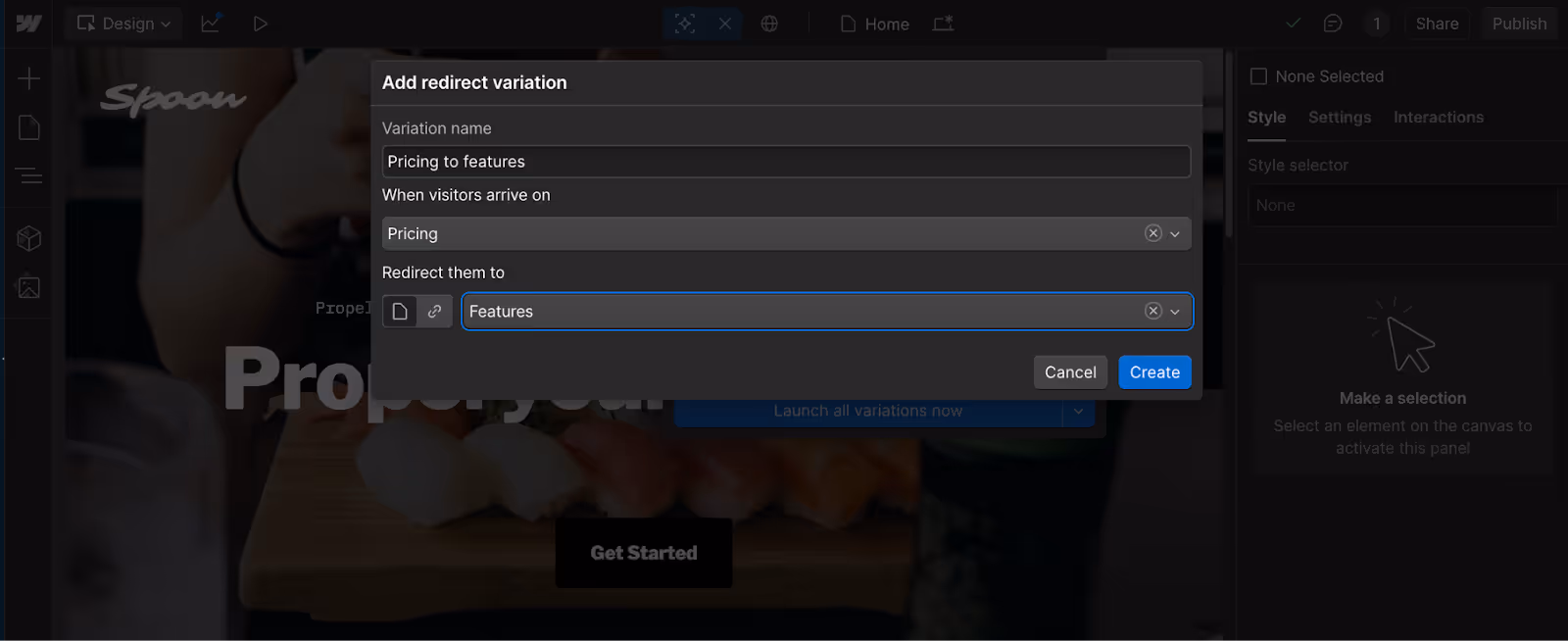Webflow Optimize screenshot showing how to run redirect A/B tests between CMS collection pages to personalize and test dynamic content.