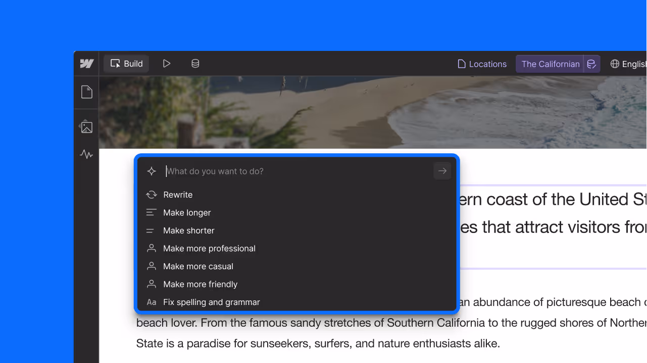Screenshot of Webflow's AI Writing Assistant panel in the Designer showing quick content editing options like rewrite, adjust tone, and fix grammar.
