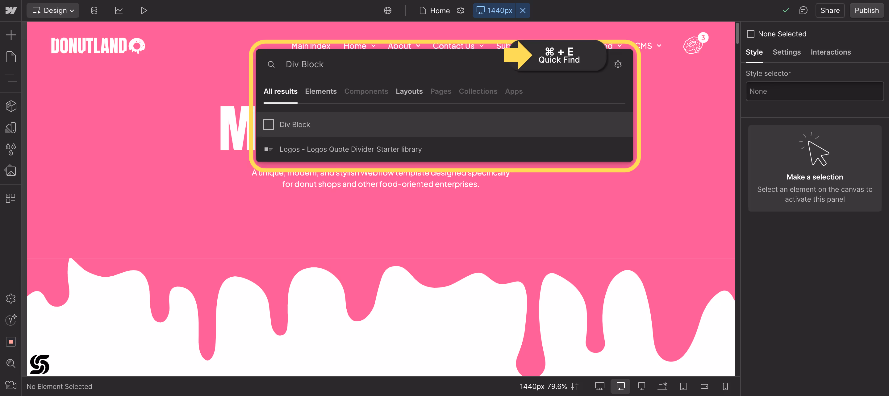 Webflow Quick Find shortcut (⌘ + E) being used to insert a div block on the canvas in the Donutland e-commerce template from Silv Templates.