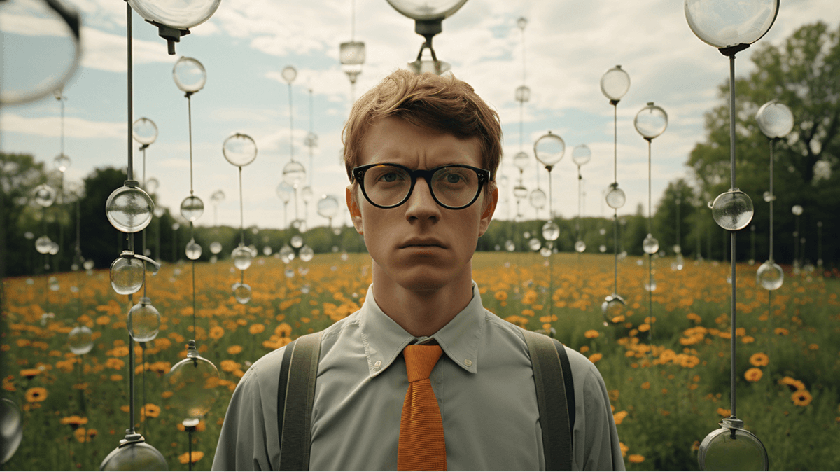 Чоловік в окулярах на фоні поля, згенерований ШІ