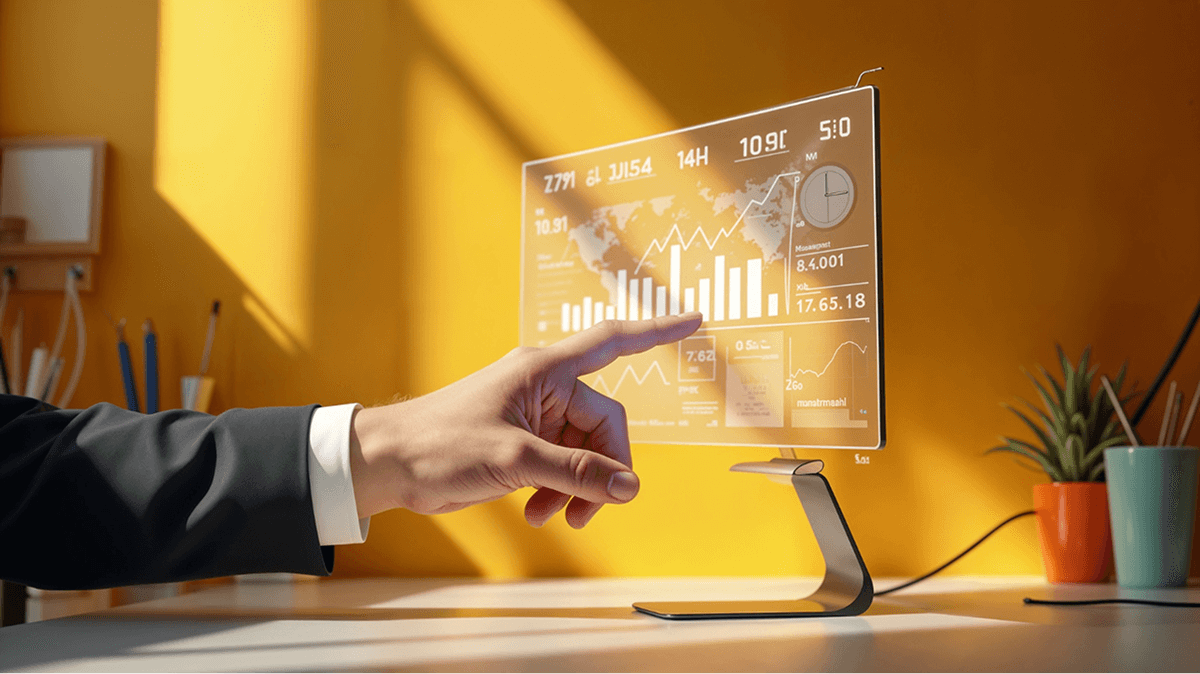 Рука пальцем вказує на екран зі статистикою