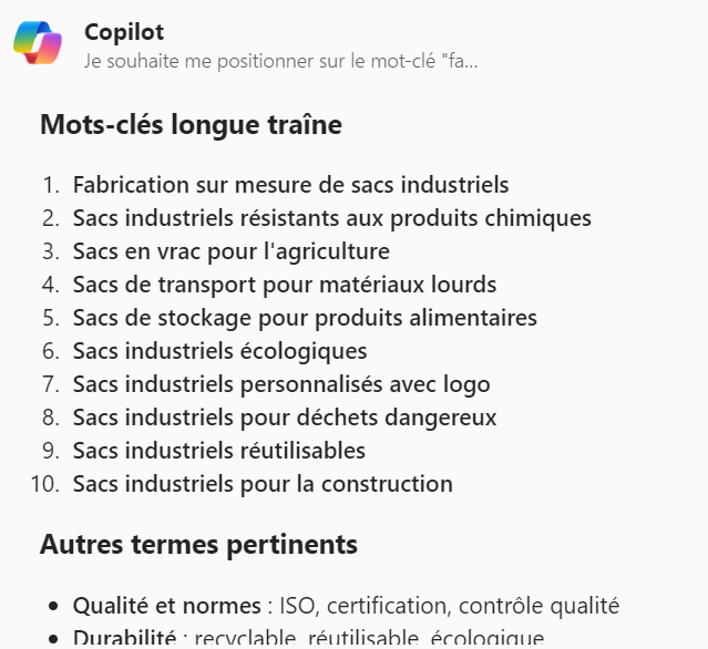 Impression d’écran recherches mots-clés copilot