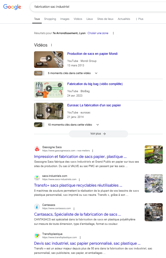 Impression d’écran SERP Google formats enrichis