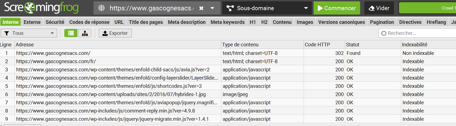 Impression d’écran Crawler Screaming Frogs
