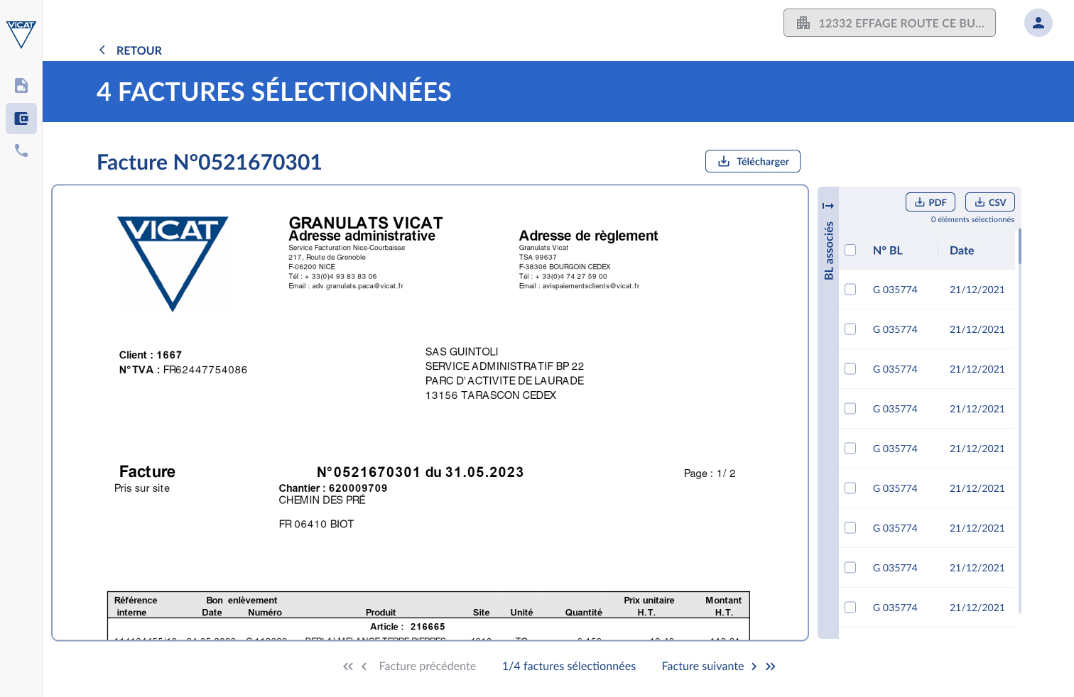 Capture d'écran rapprochement factures et bl