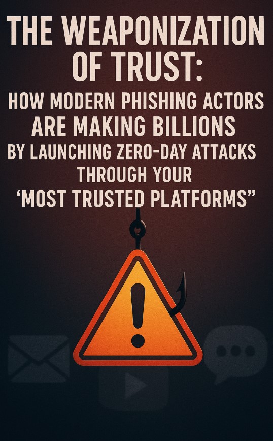 Poster with text ‘The Weaponization of Trust: How modern phishing actors are making billions by launching zero-day attacks through trusted platforms,’ featuring a phishing hook holding a warning triangle with an exclamation mark.