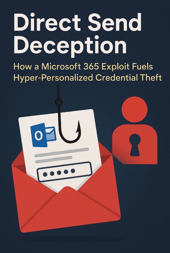 Illustration of a phishing attack exploiting Microsoft 365 Direct Send, showing an Outlook login page hooked inside an email envelope, symbolizing credential theft.
