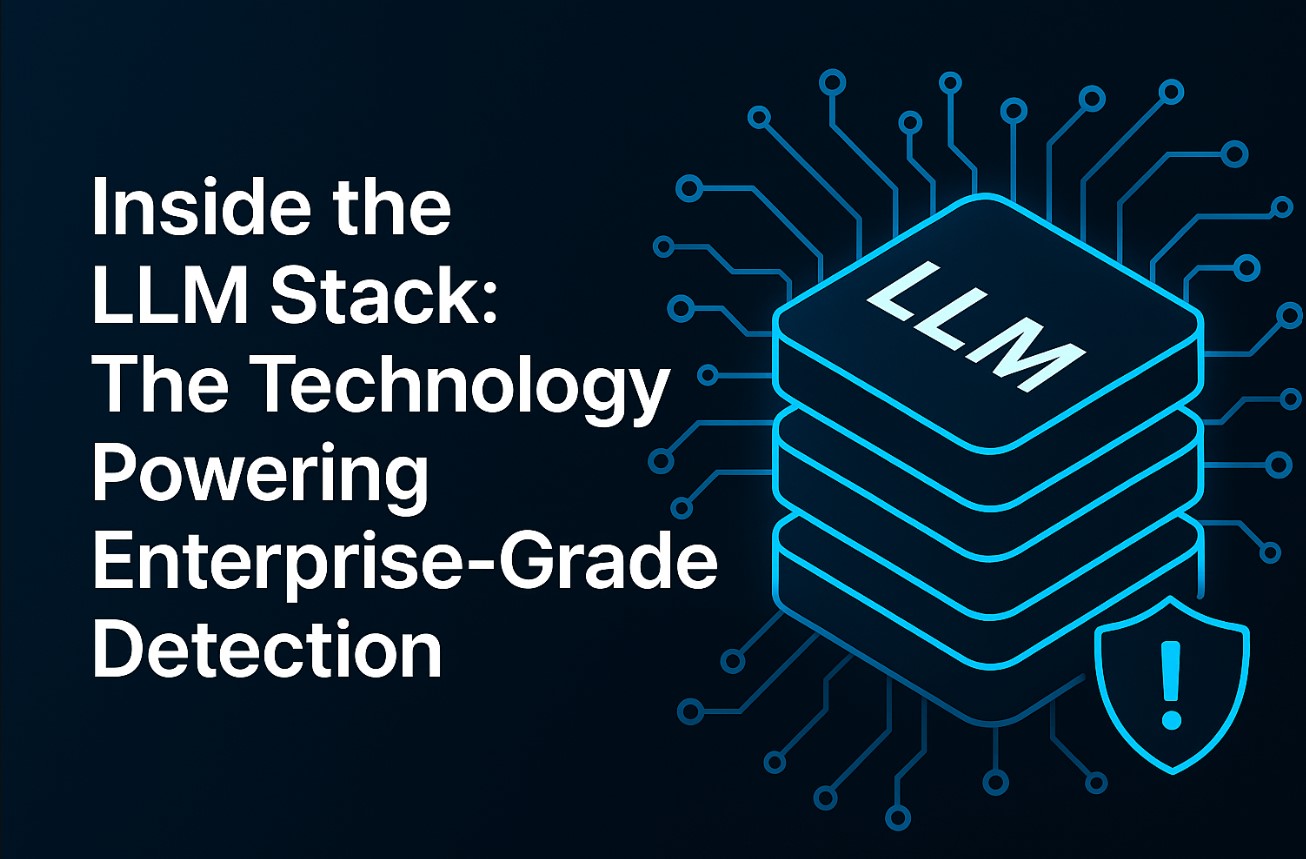 LLM technology stack with digital circuit lines and a shield icon, representing enterprise-grade AI-powered threat detection.