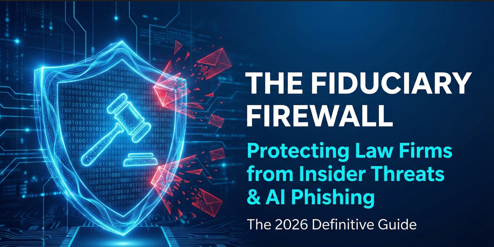 Blog thumbnail graphic titled 'THE FIDUCIARY FIREWALL: Protecting Law Firms from Insider Threats & AI Phishing - The 2026 Definitive Guide'. The visuals show a glowing blue digital shield and gavel icon deflecting red phishing email threats on a high-tech 