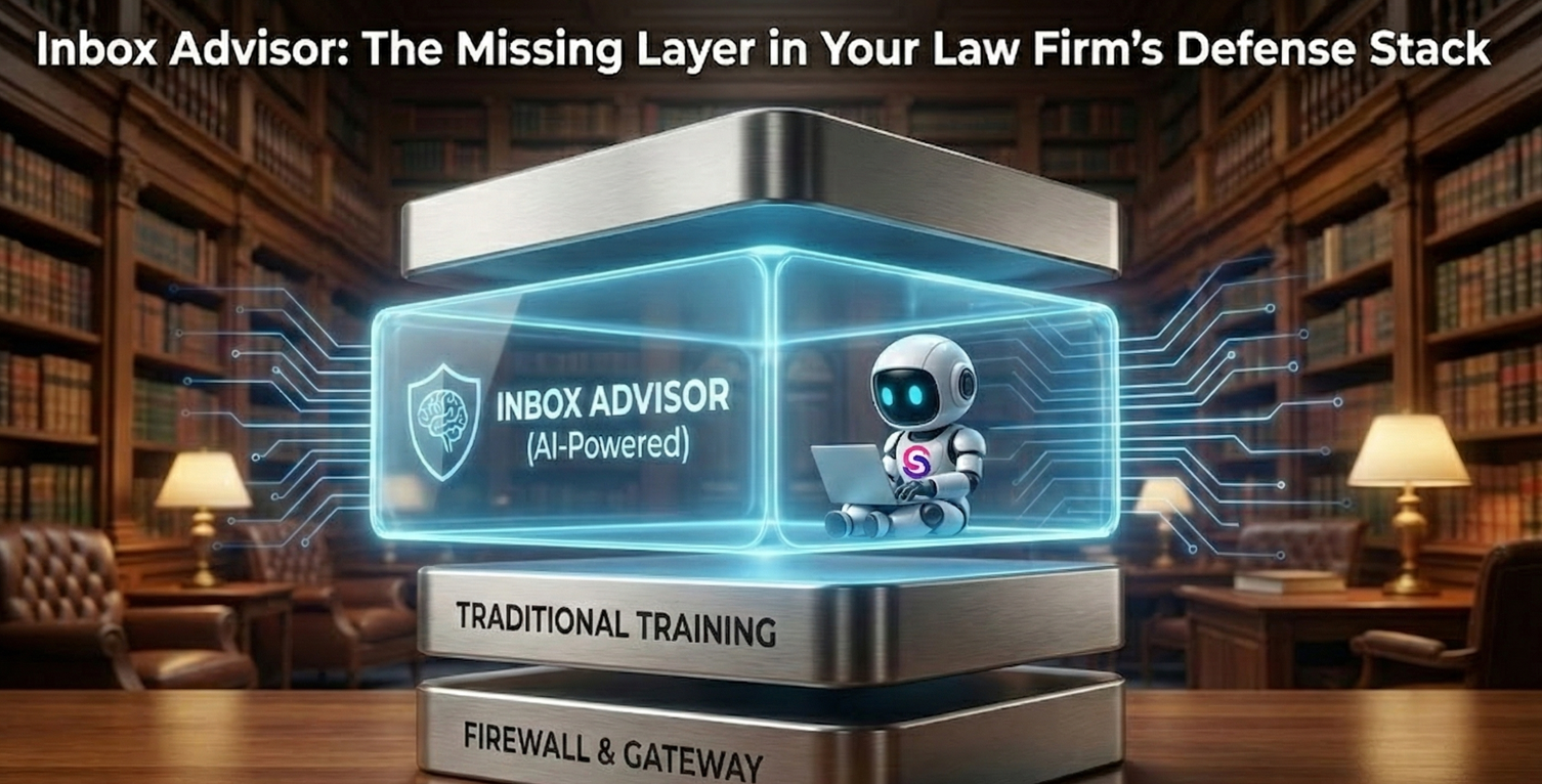 A 3D illustration of a cybersecurity defense stack on a wooden desk within a library setting. The stack consists of three layers: a bottom metal base labeled 'FIREWALL & GATEWAY', a middle metal layer labeled 'TRADITIONAL TRAINING', and a top glowing blue