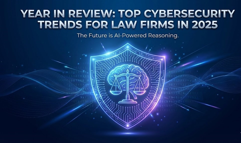 ear in Review: Top Cybersecurity Trends for Law Firms in 2025' displaying the StrongestLayer robot mascot standing confidently beside a glowing digital shield, representing the shift to AI-powered reasoning in legal security.