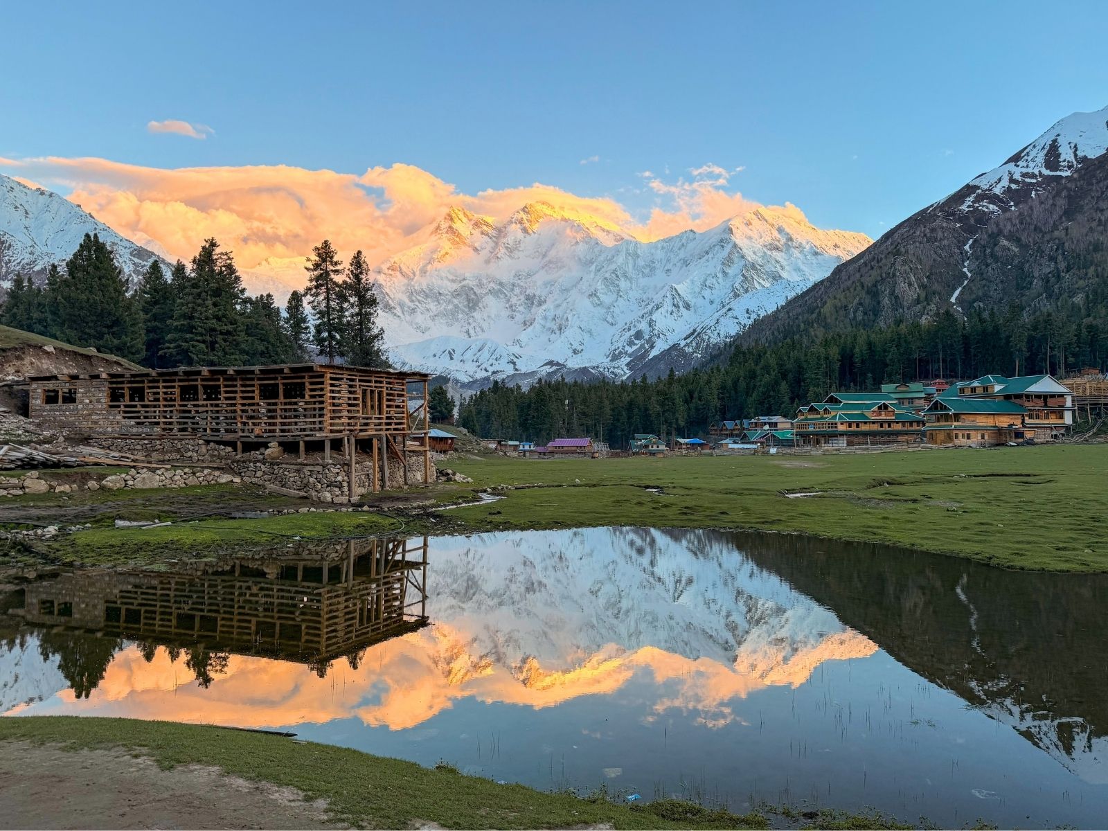 Nanga Parbat reflected in the lake at Fairy Meadows at sunset, Pakistan
