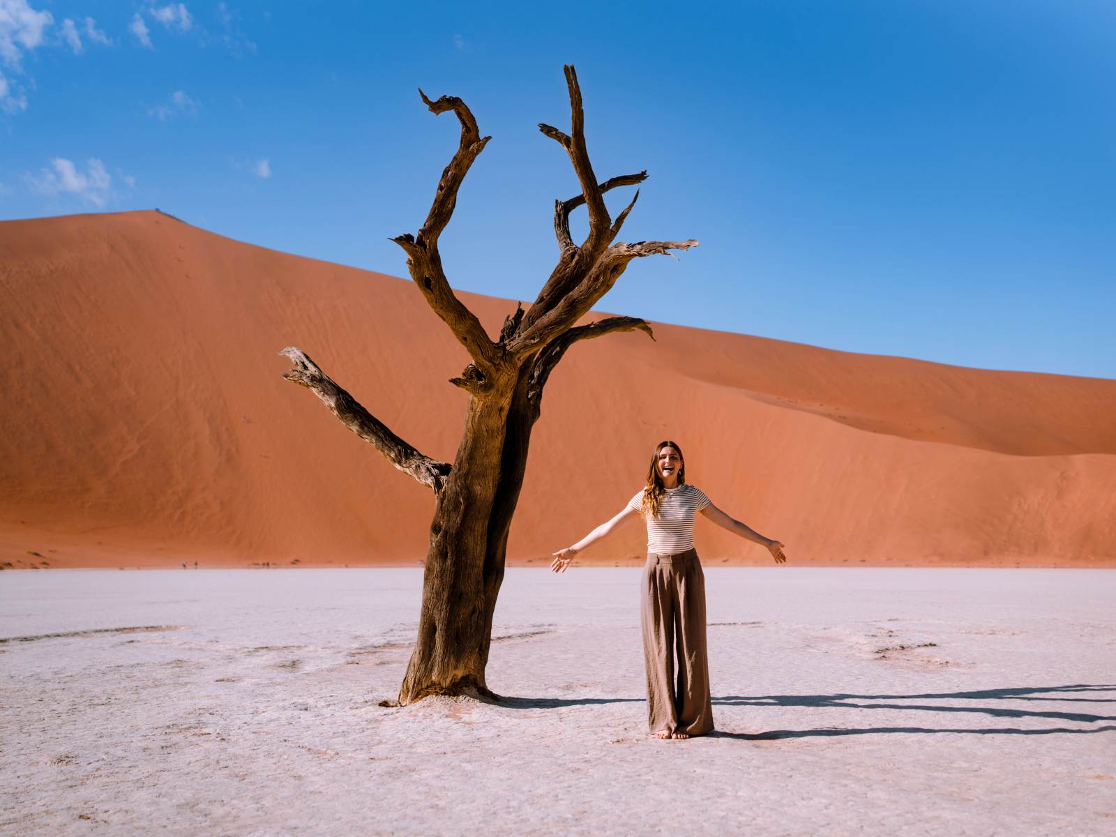 Woman standing beside a dead camel thorn tree in Deadvlei, Namibia