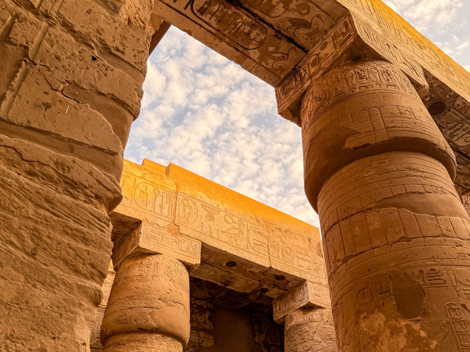 Looking up at the carved columns of Karnak Temple, Egypt