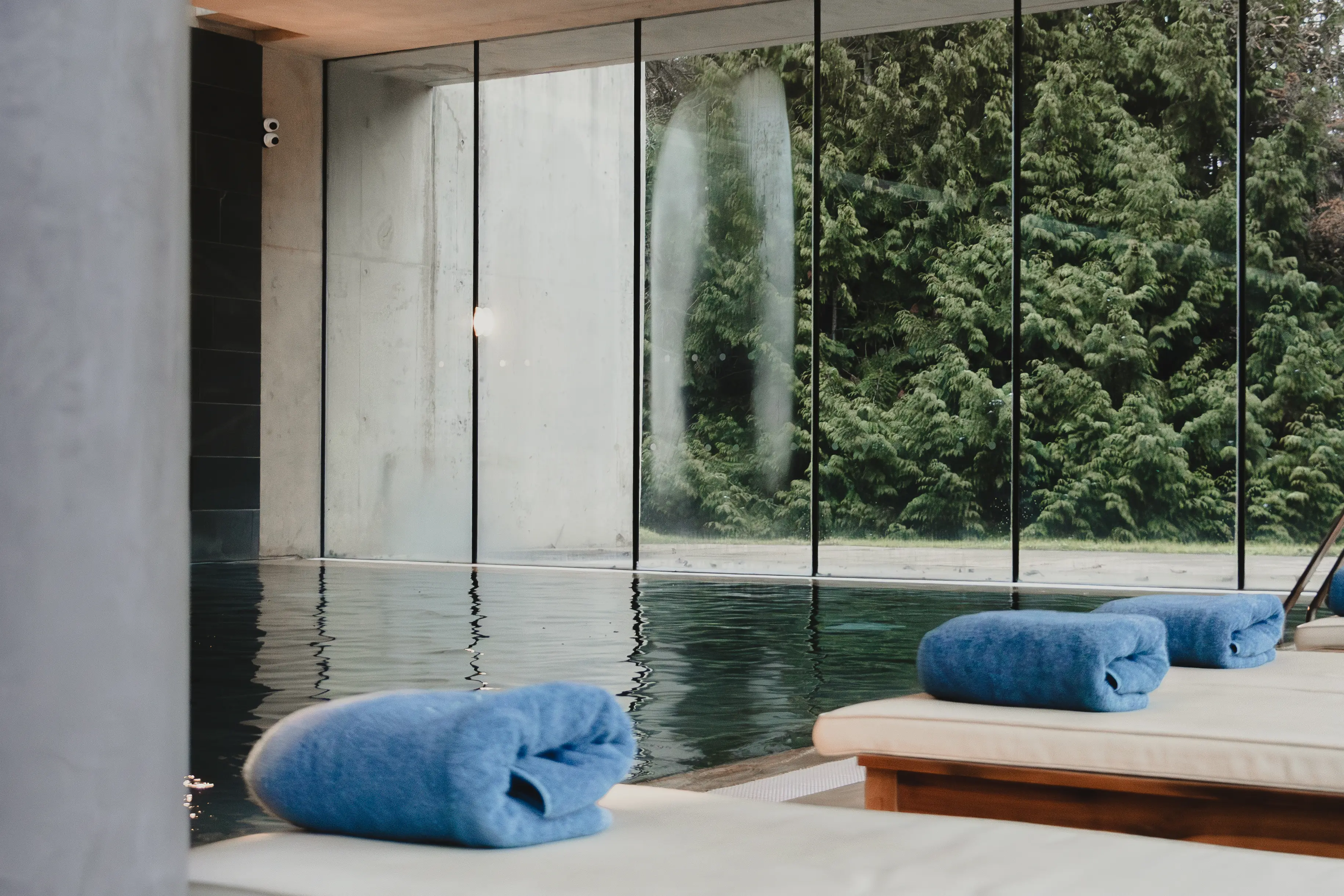 Indoor pool area with large glass windows showing green trees outside and lounge chairs with blue towels.