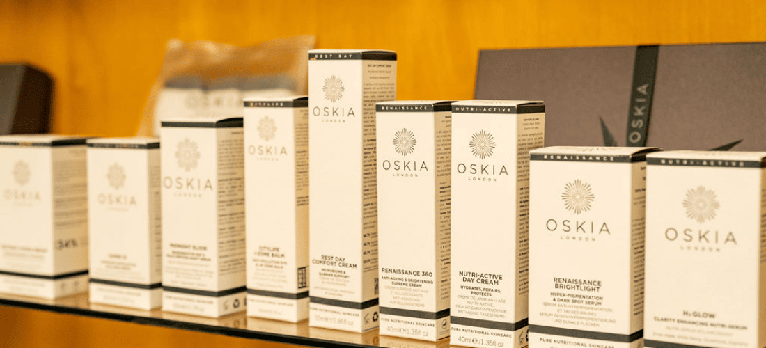 Oskia skincare products displayed on a shelf