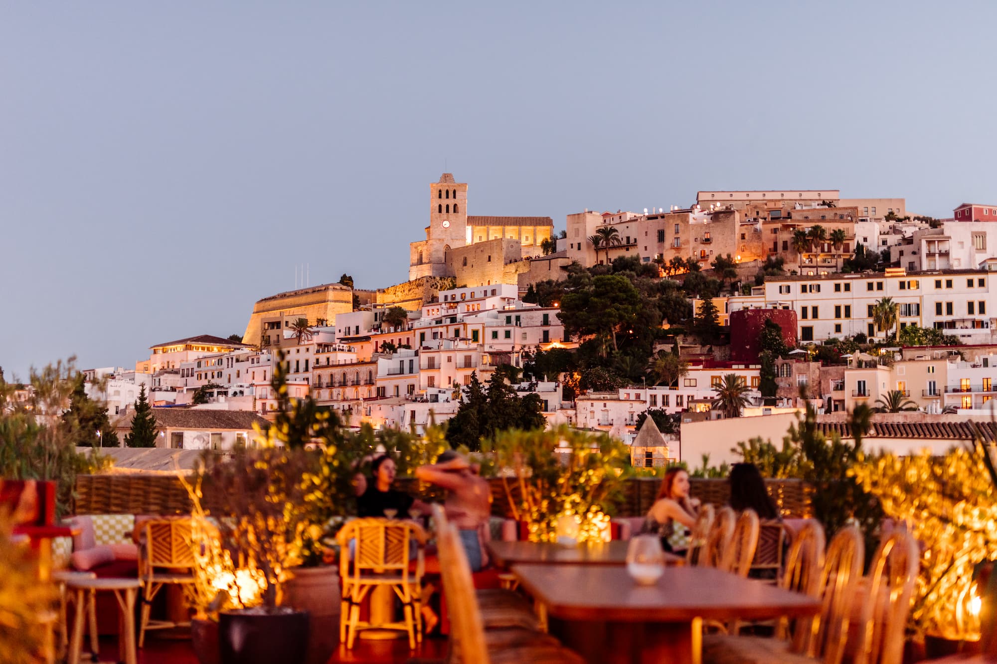 Rooftop cocktail bar offering panoramic views to Ibiza