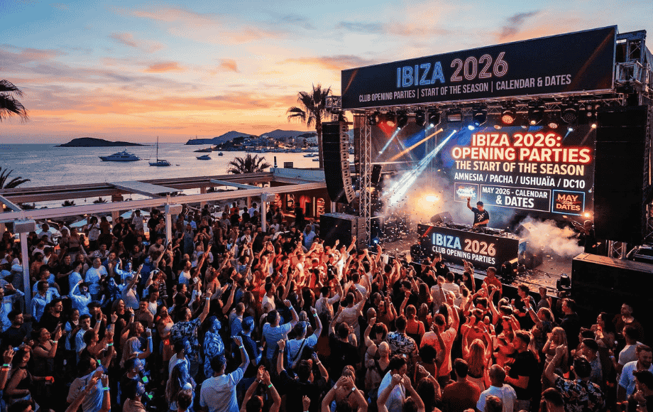 Grande foule à la soirée d'ouverture d'Ibiza 2026 avec éclairage de scène et vue sur la mer au coucher du soleil