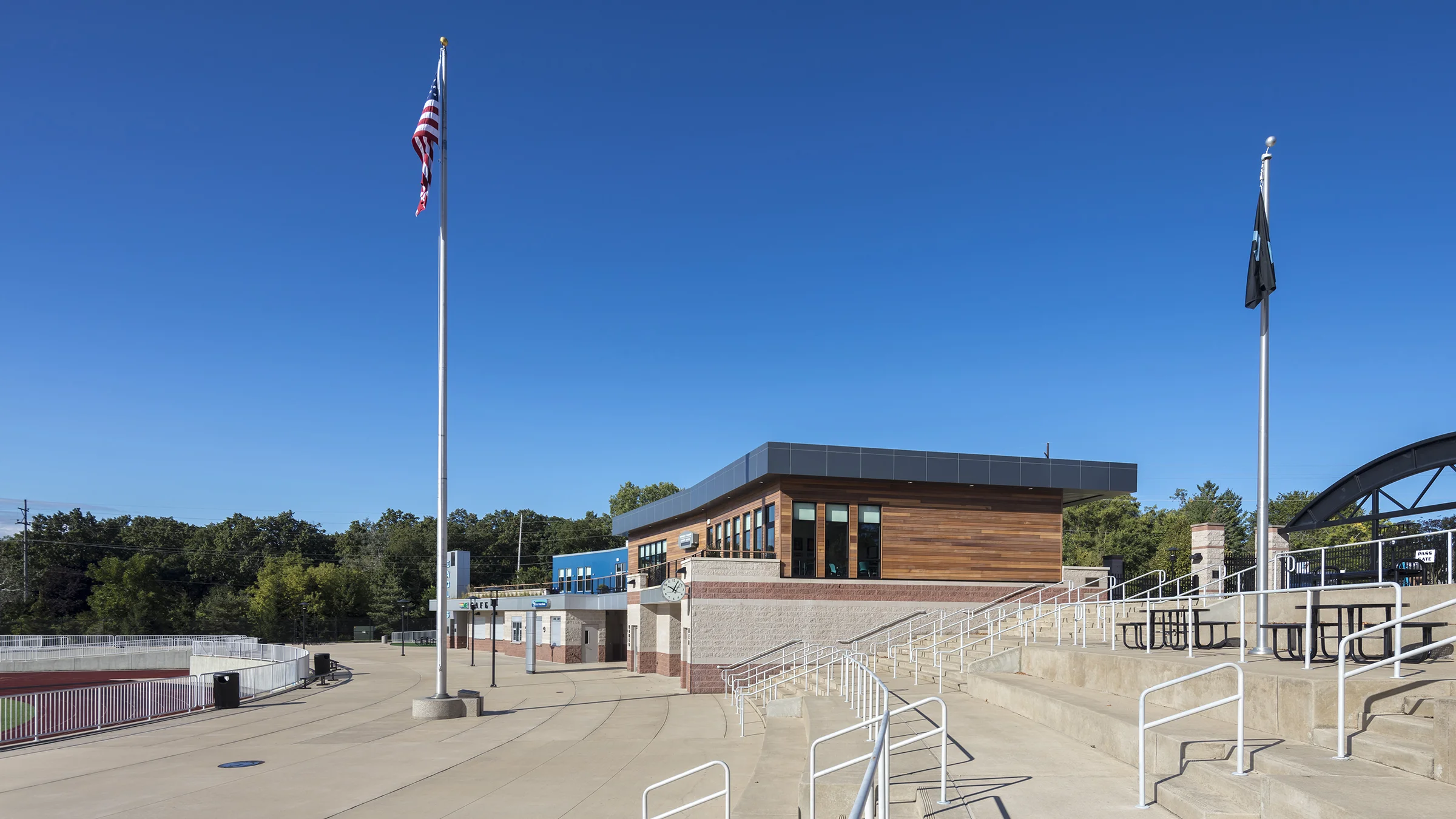 Grand Rapids Christian School's administration facility overlooking football field.