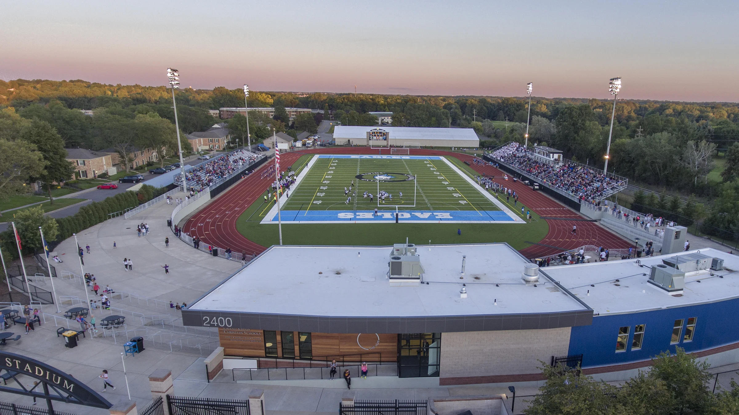 Aerial view of the Grand Rapids Christian School's administrative office and athletic complex.