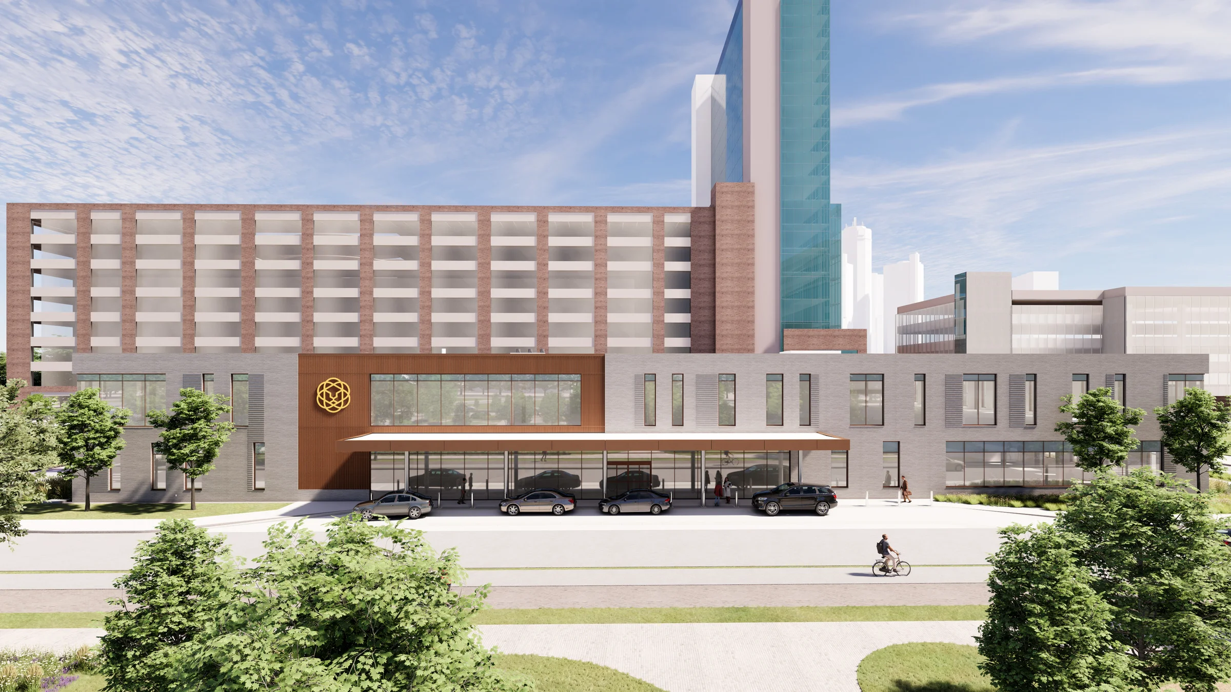 Mockup of Life Science Innovation Building featuring a modern facade and parking garage in the background.