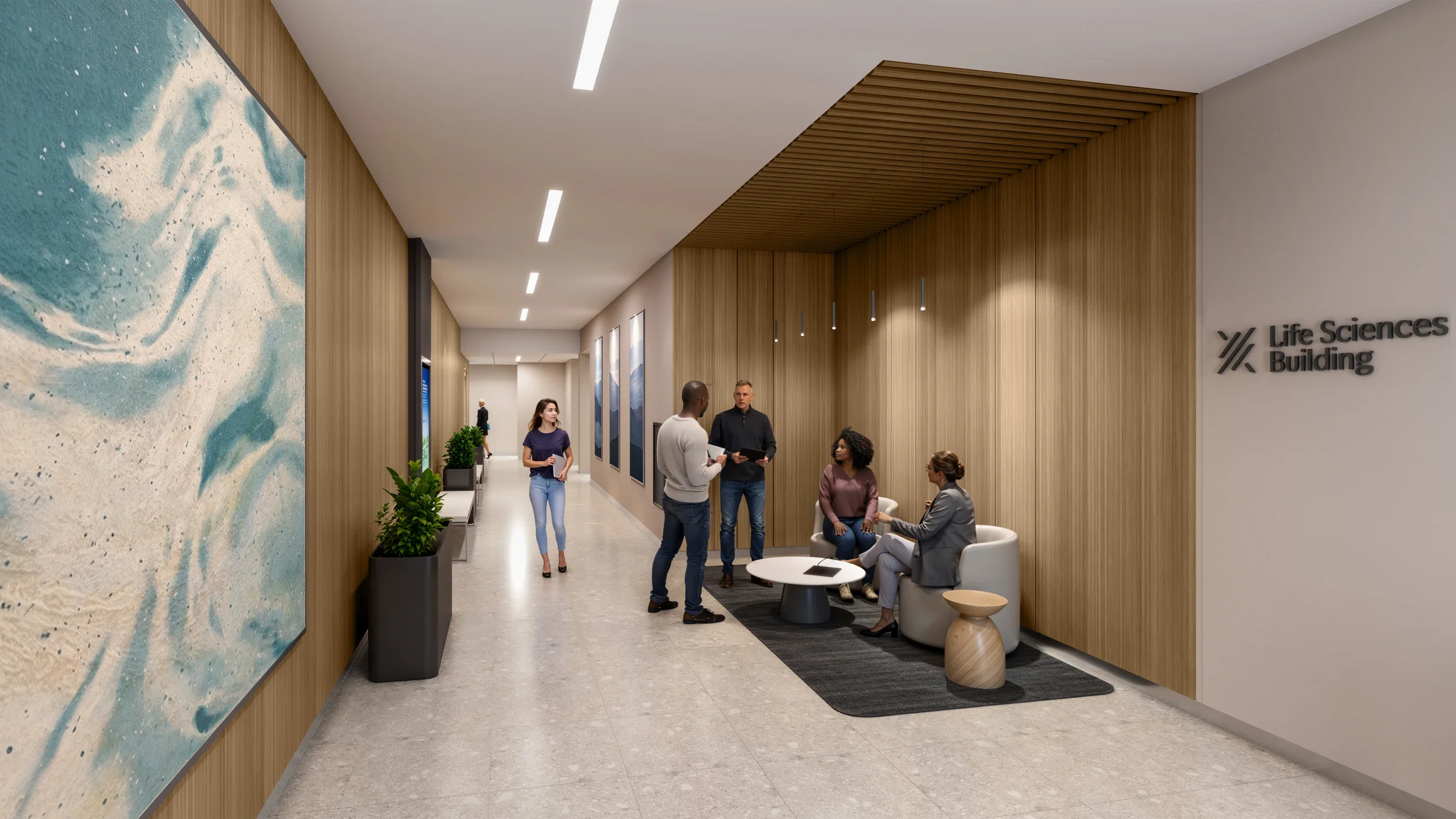 Mockup of the inside of the Gratiot Life Science Innovation Building interior entrance featuring a wooden details and modern art on the walls.