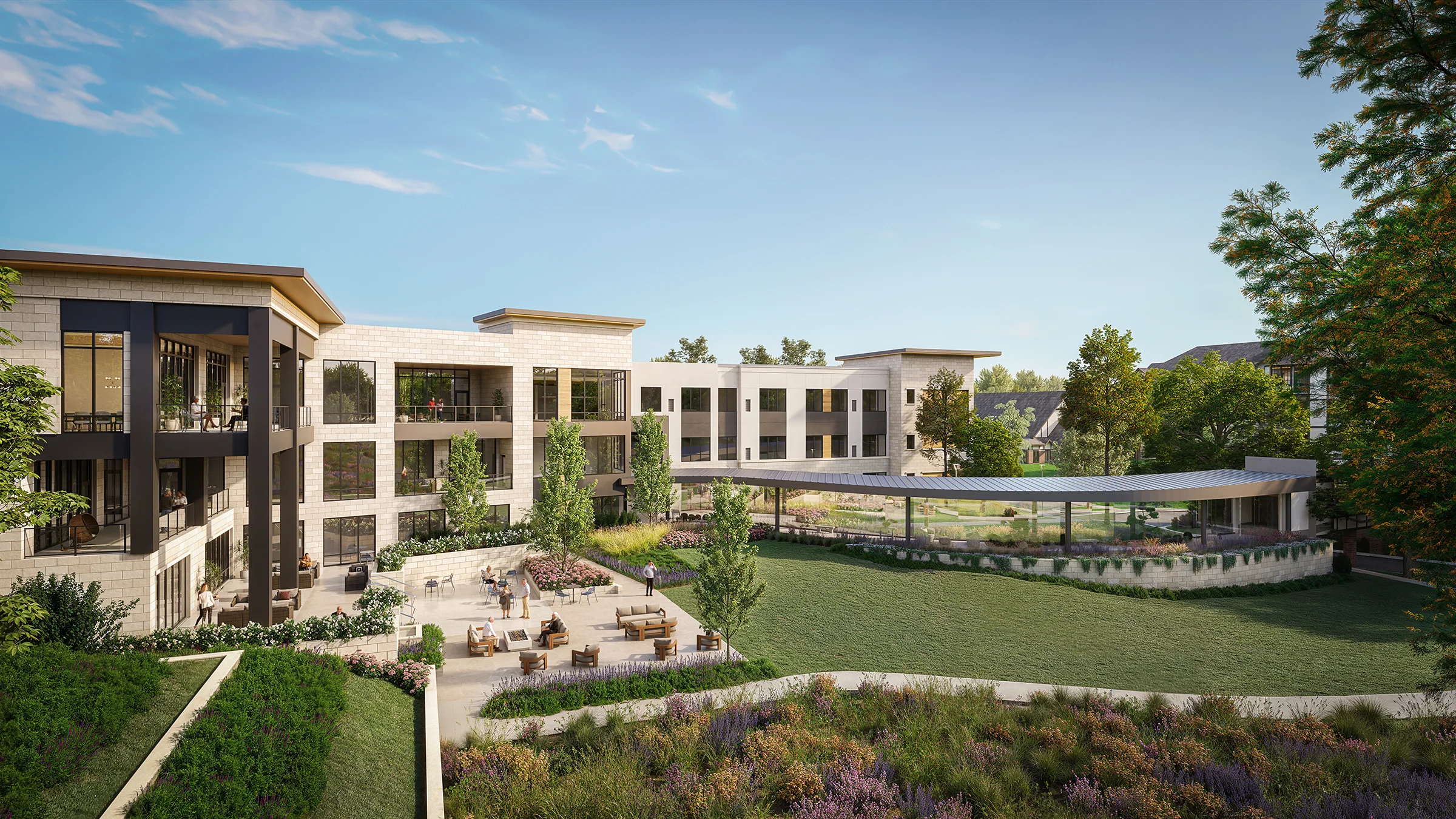 Rendering of indoor terrarium walking bridge and green space around new Beacon HiIl —West development.