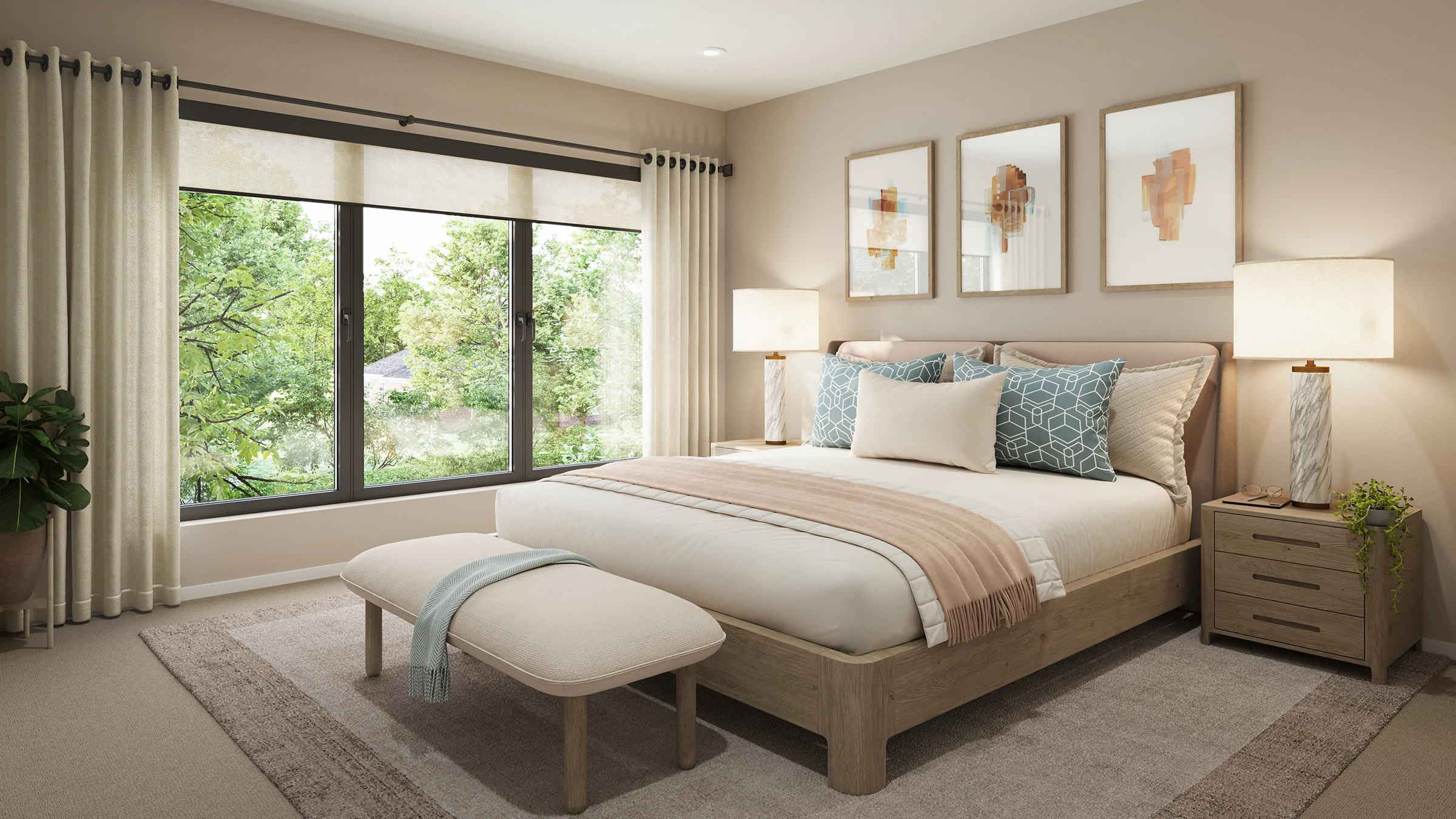 Real estate rendering of a bedroom with a bed, bench at the end of the bed, nightstand and lamps, and artwork above the bed.