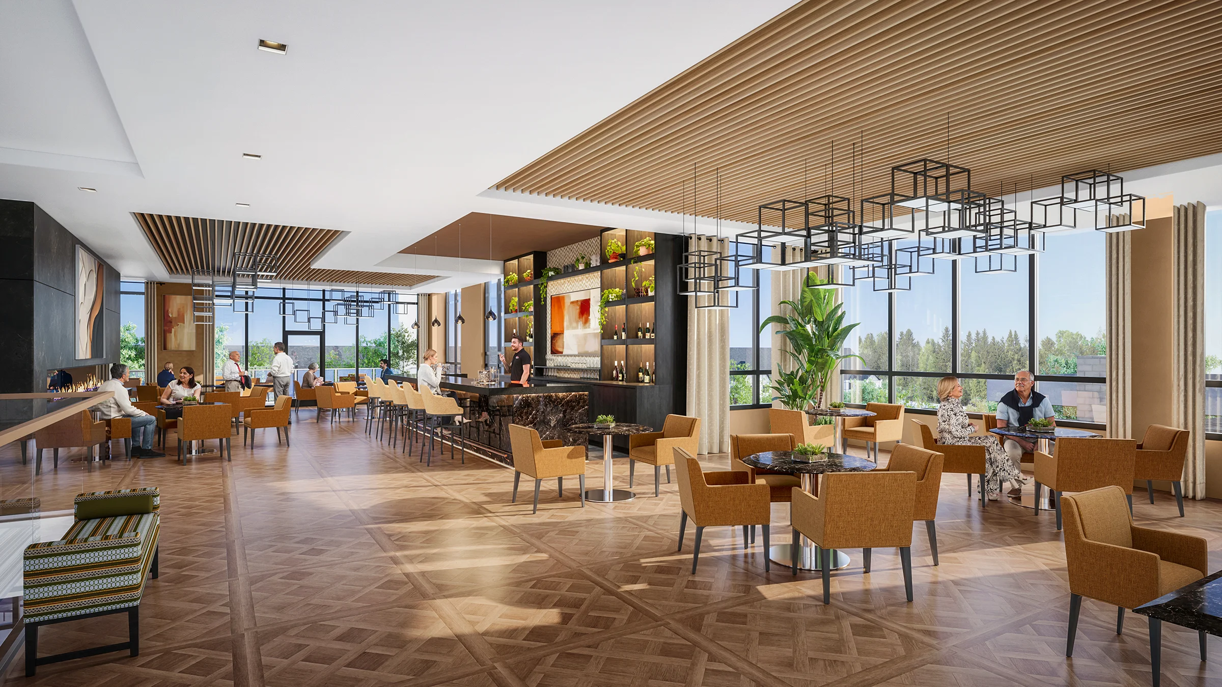Lobby of building with barseating, sitting areas, and couches.