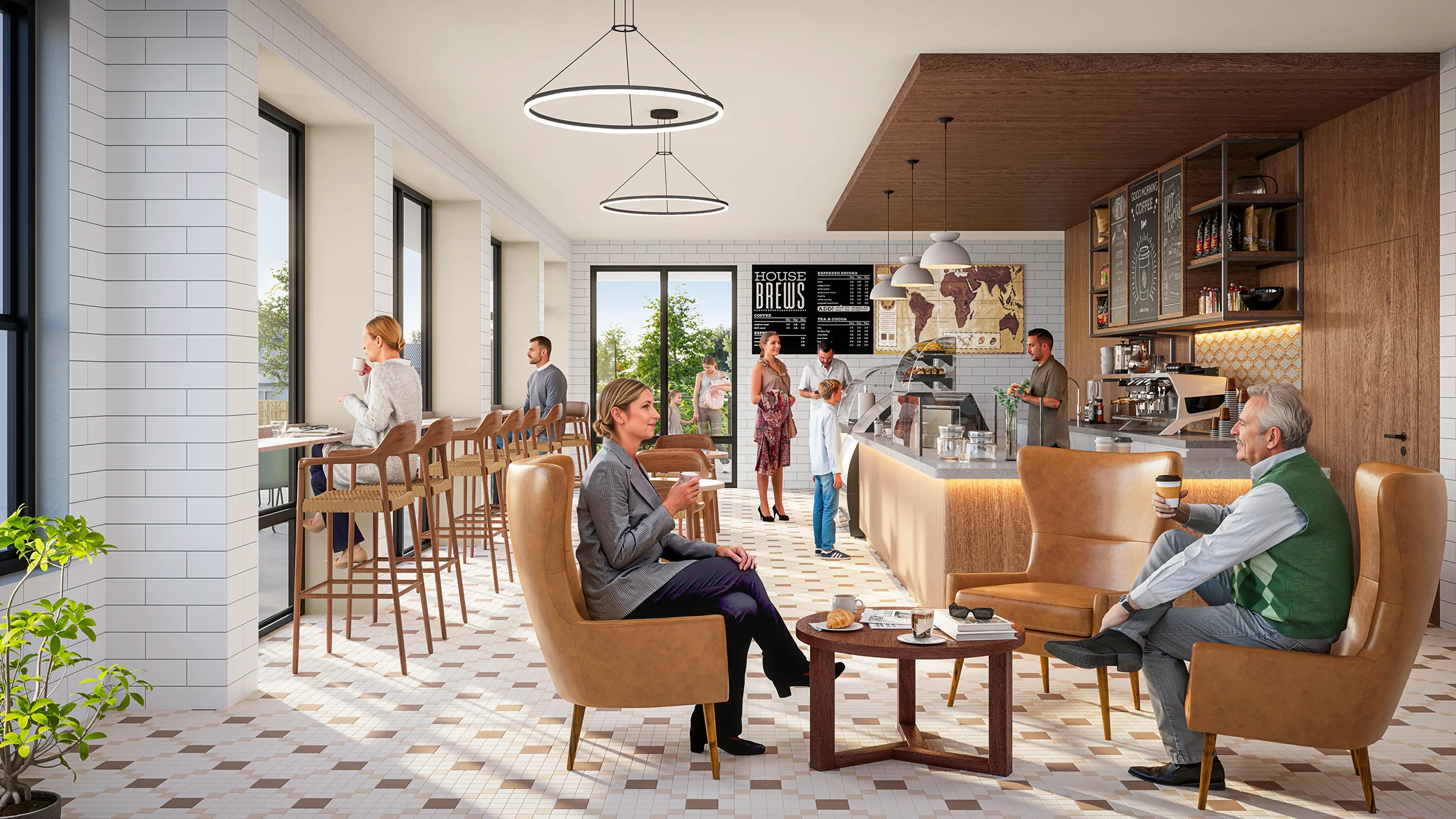 Inside of coffee shop featuring bar seating and comfortable sitting areas.
