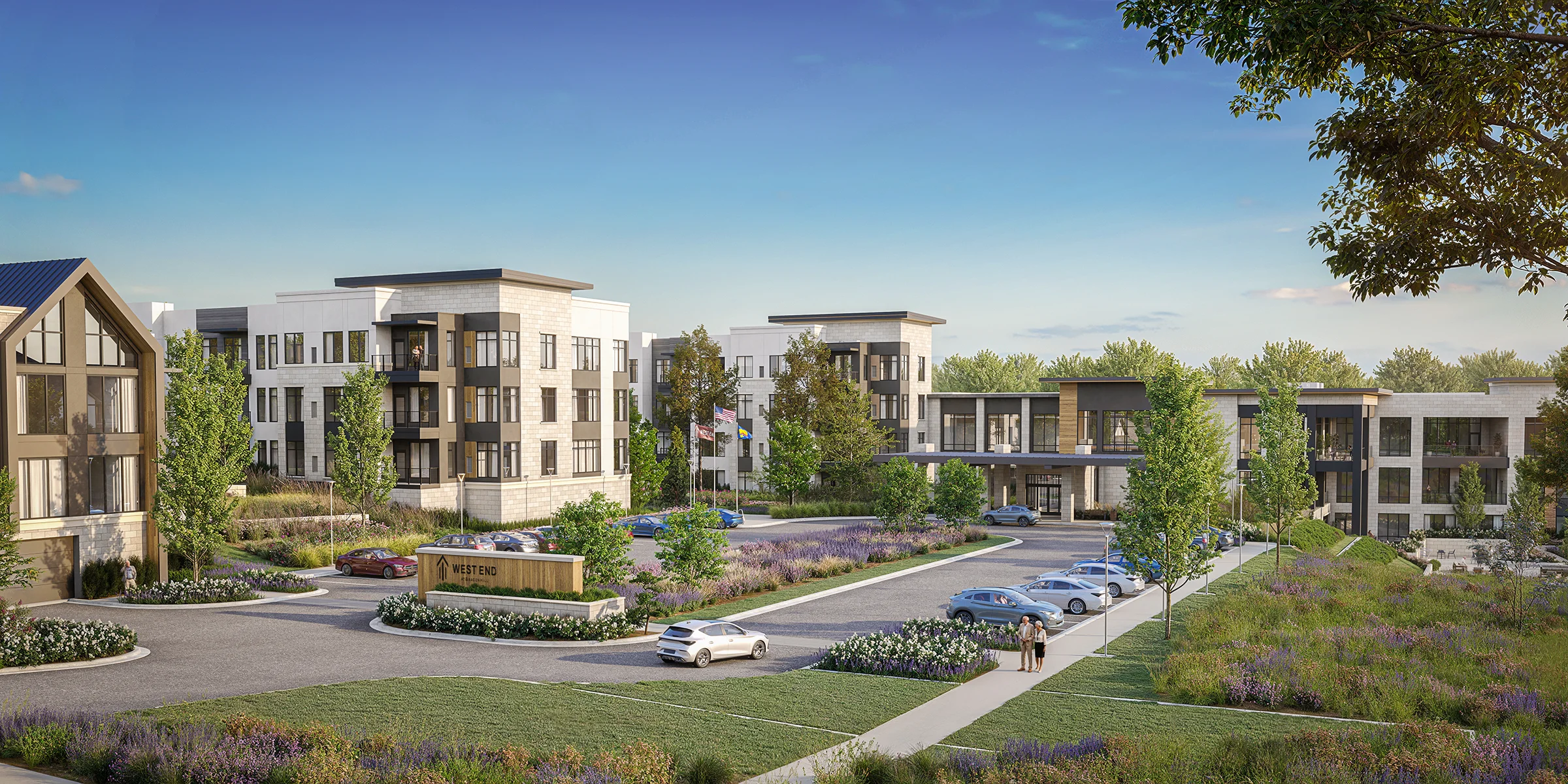 Rendering of new Beacon Hill at Eastgate—West development. Tudor inspired independent living complexes surrounded by parking lots and green spaces.
