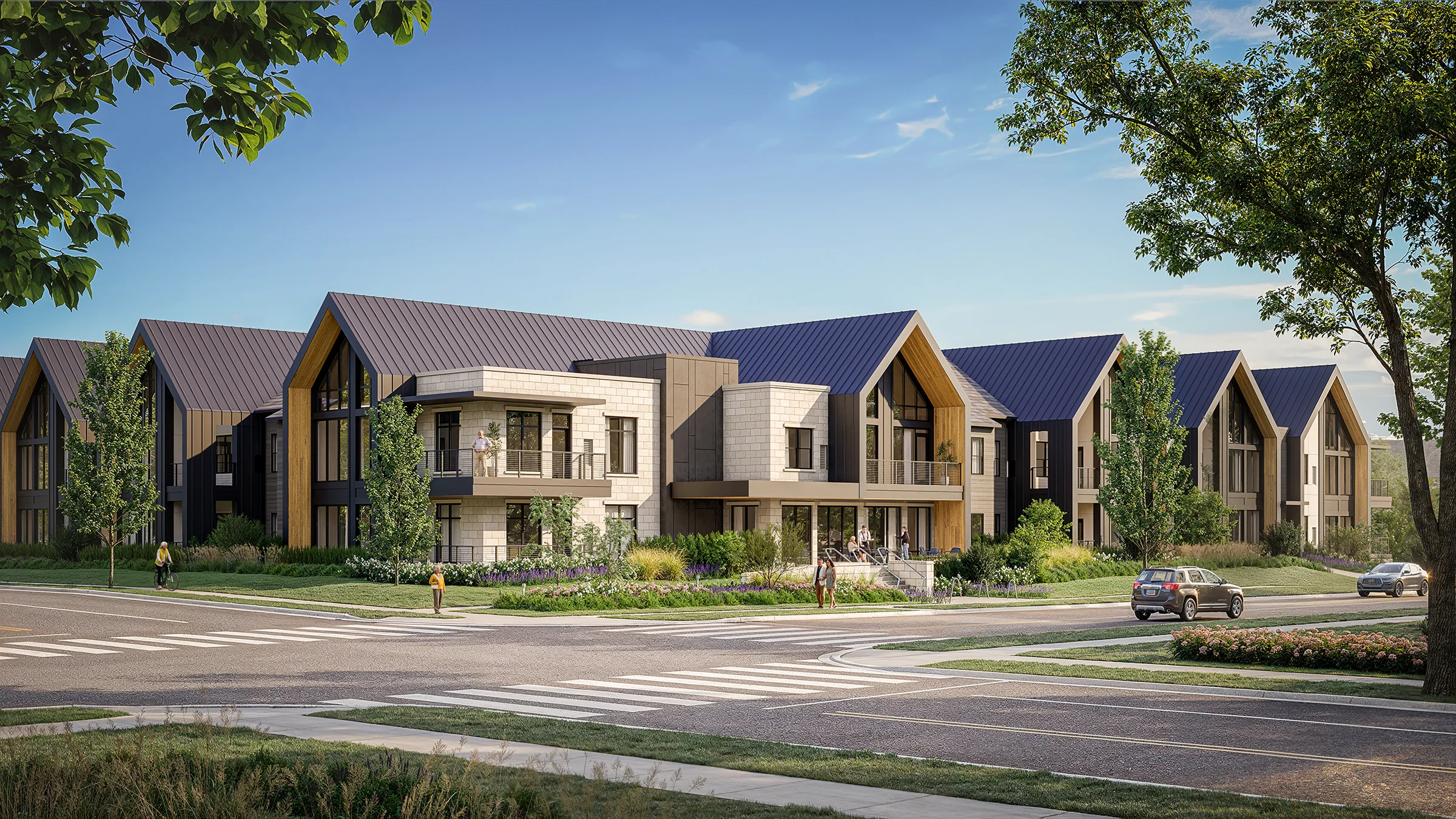 Rendering of the exterior of the Beacon Hill at Eastgate—West independent living development featuring Tudor architecture and balconies.