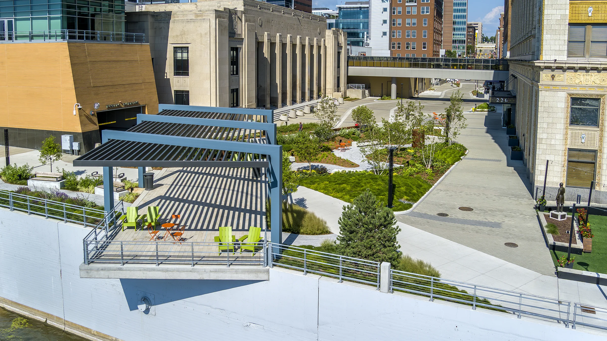Lyon Square in Grand Rapids. Gazebo and sitting areas along the river nestled between the DeVos buildings