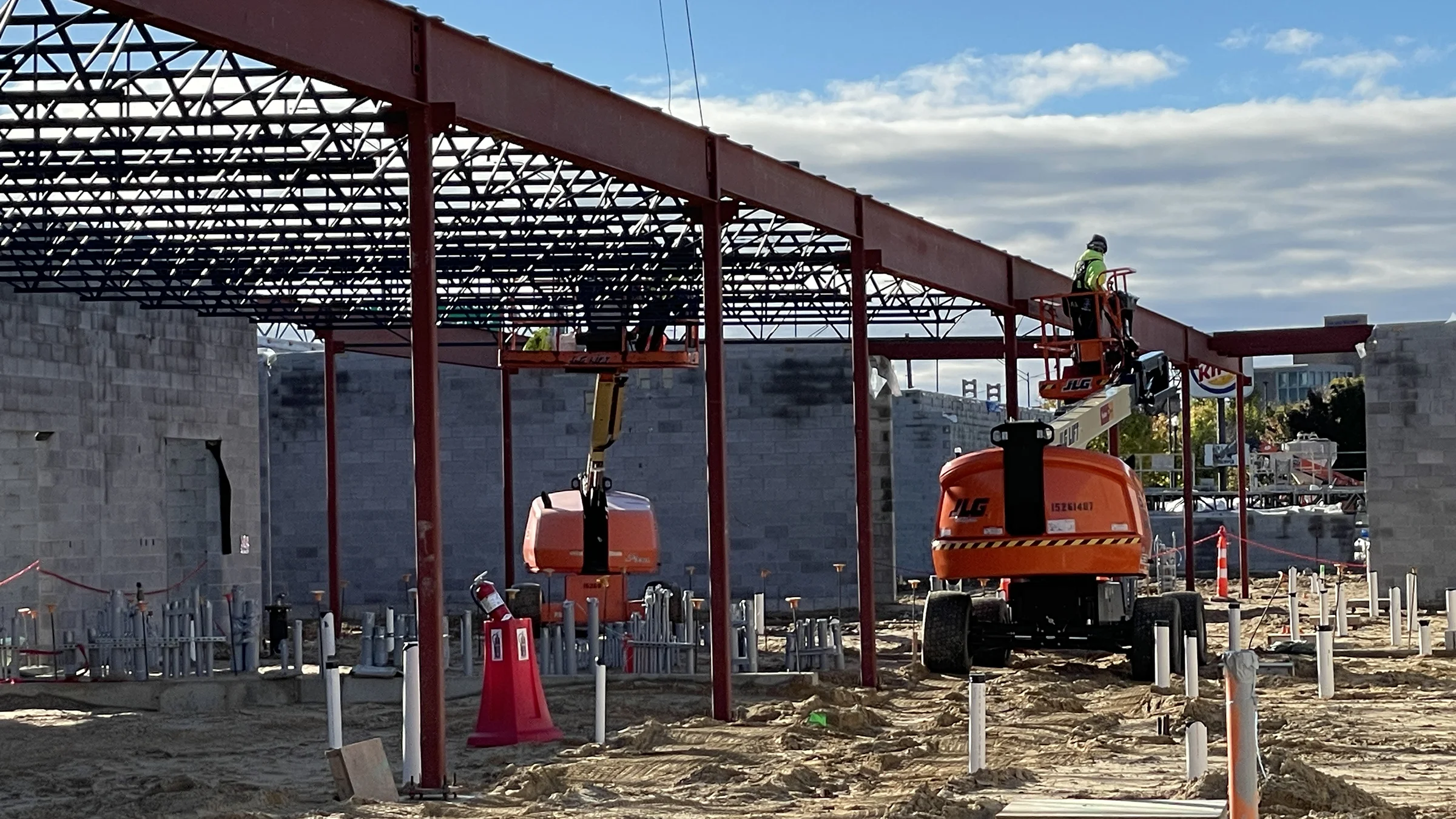 The first section of steel beams being placed at the Amway stadium.