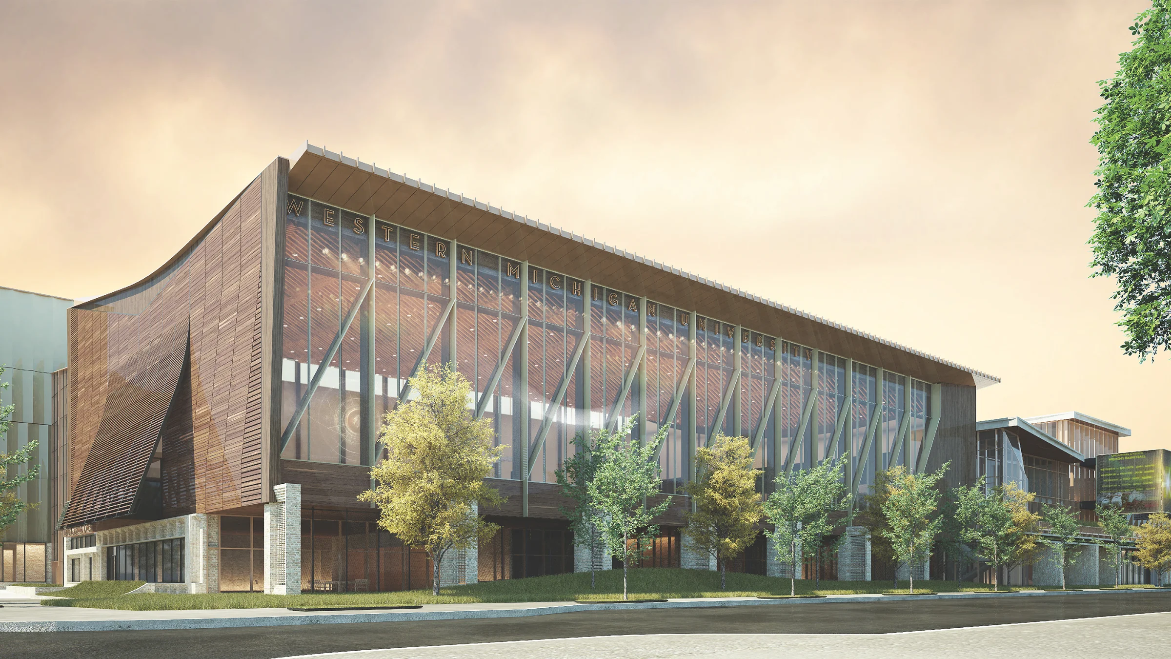 Rendering of new Kalamazoo Event Center. Large building with glass walls and wood features.