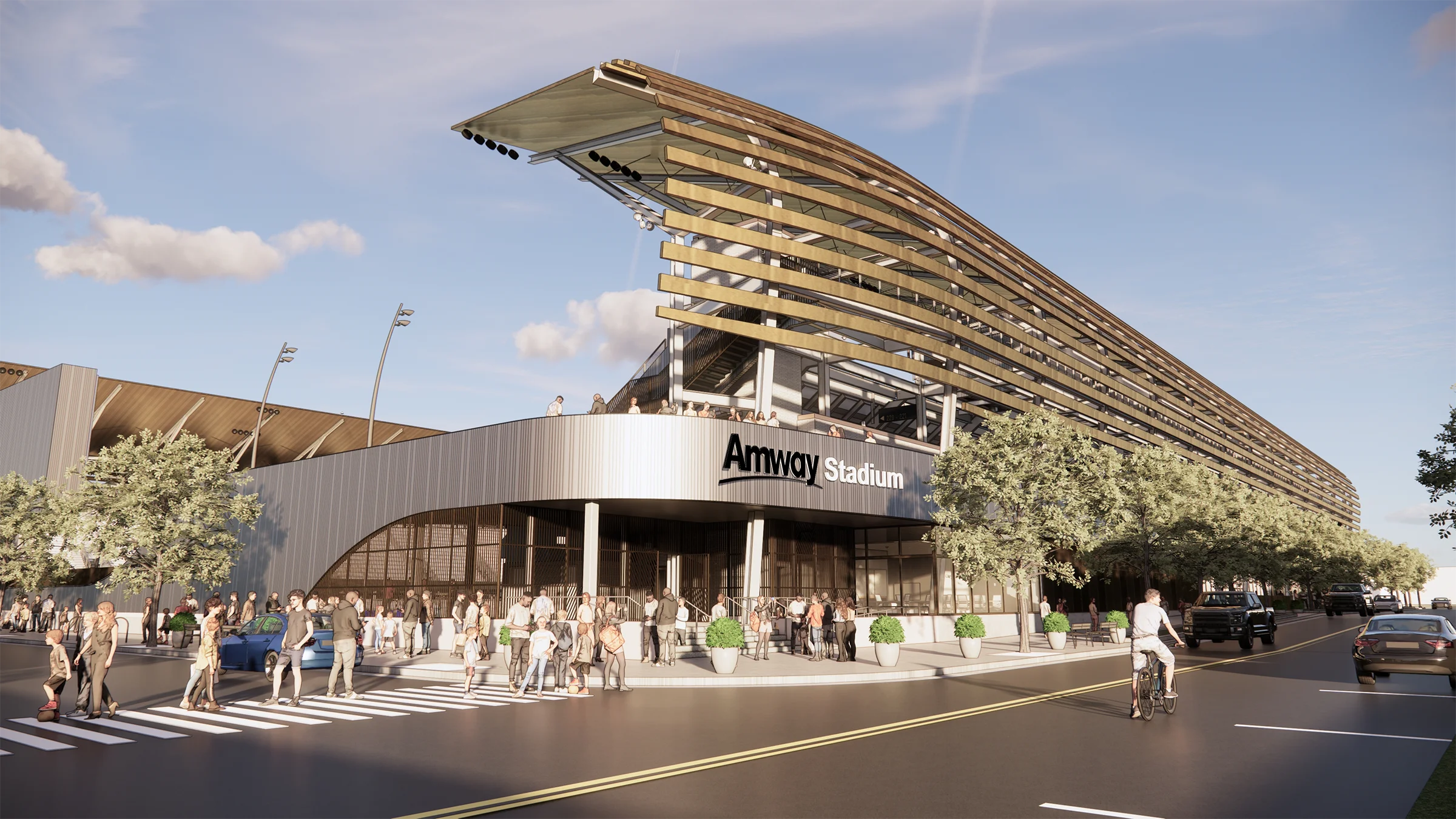 Rendering of the new Amway Soccer Stadium. The stadium features silver accents and large overhangs over the bleachers.