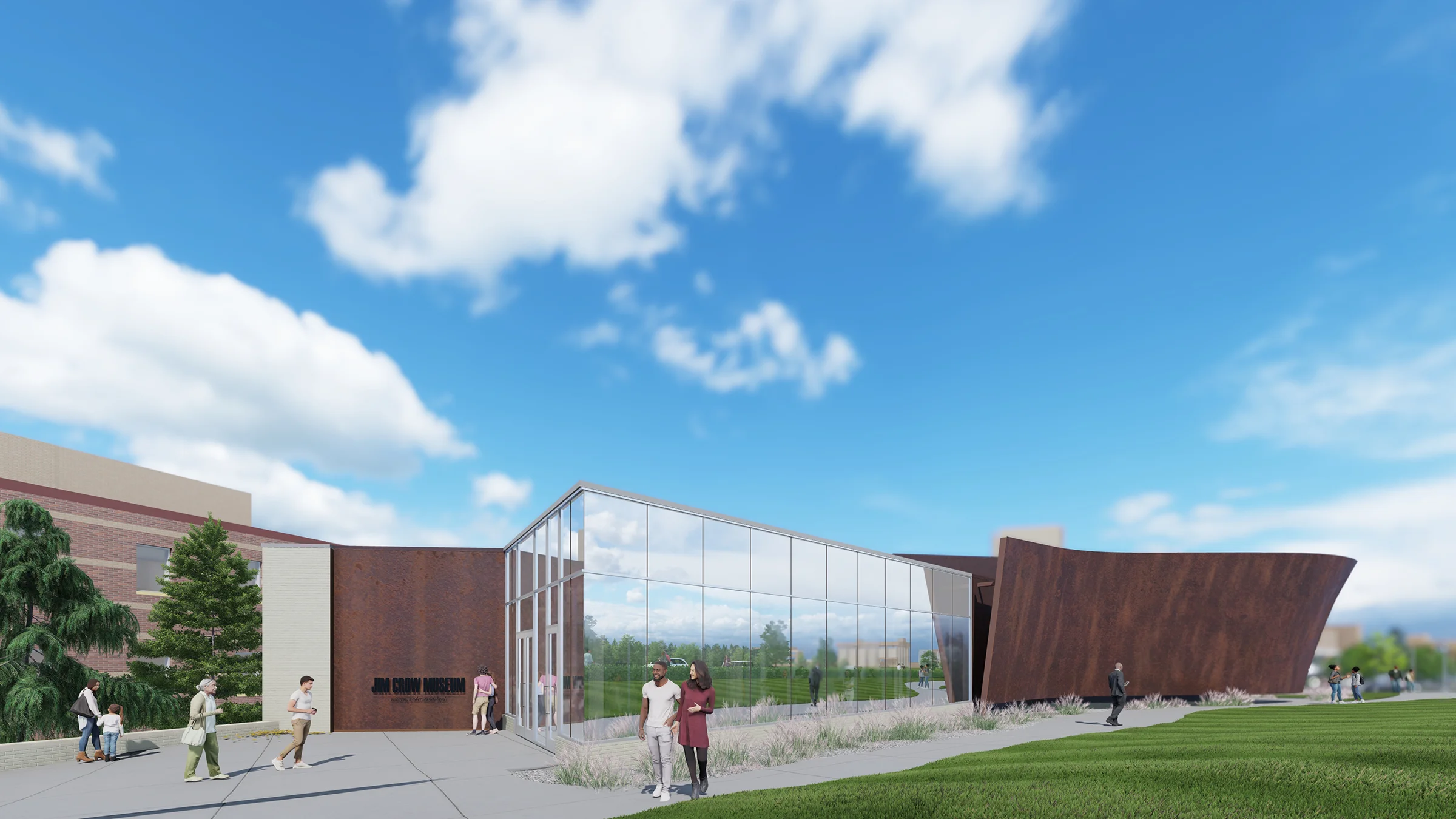 Rendering of Ferris State Jim Crow Museum. Featuring modern glass walls and a curved wooden wall. 