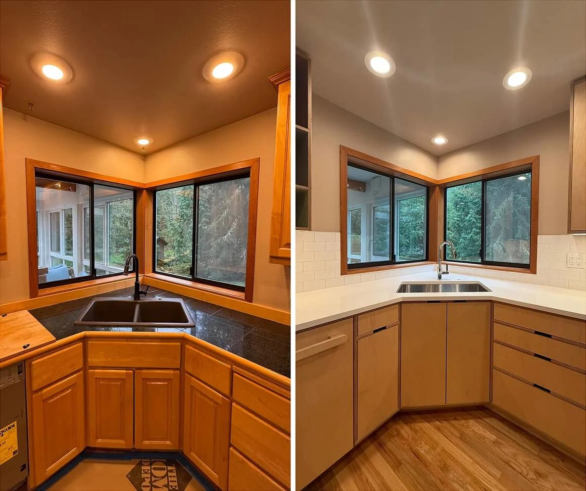 Before and after kitchen sink area with new quartz counters and subway tile backsplash by NBE LLC