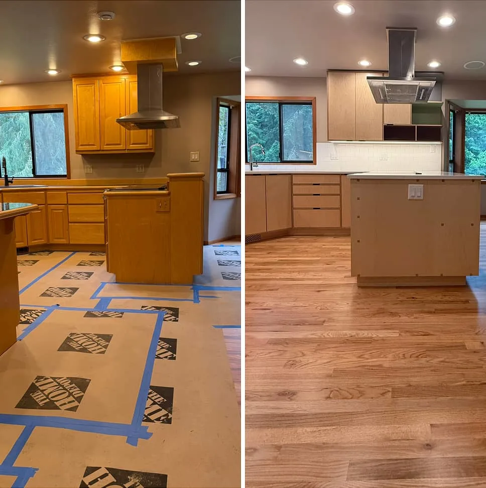 Before and after kitchen remodel with new hardwood floors and modern cabinetry by NBE LLC